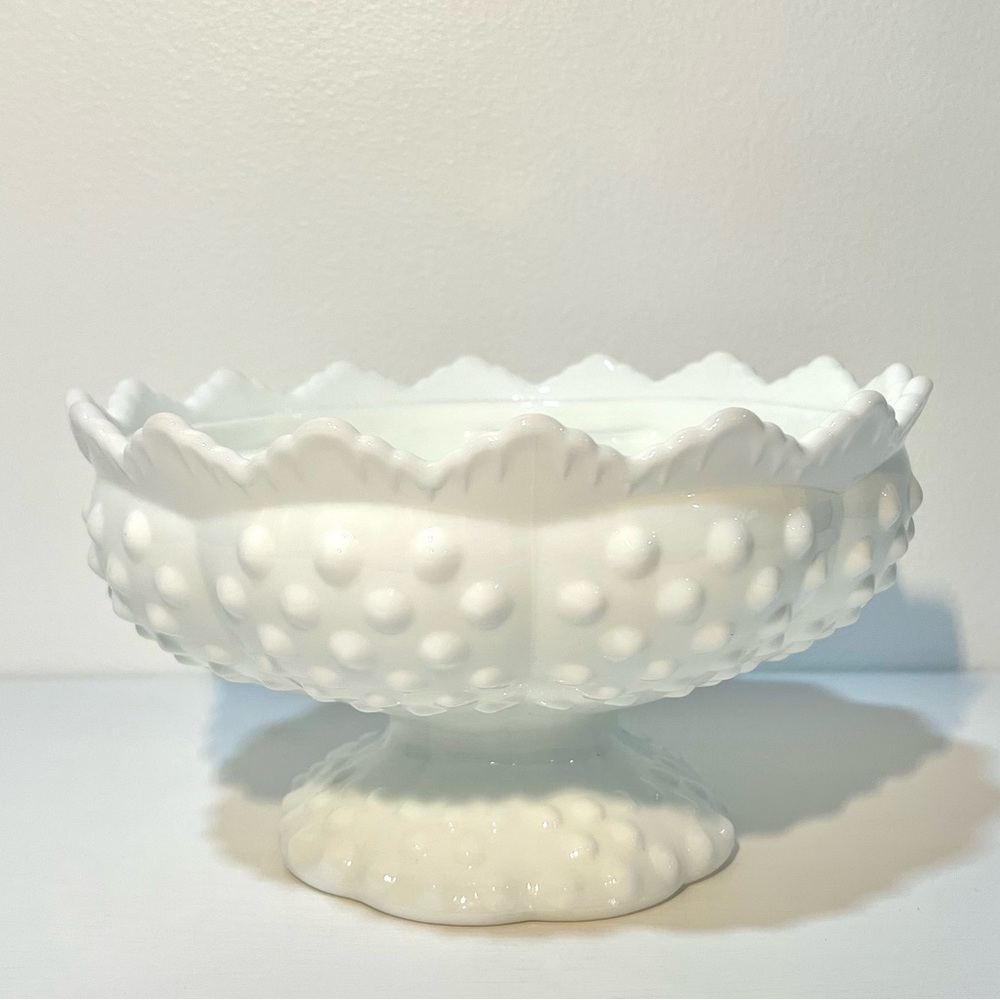 Fenton White Milk Glass Hobnail 6 Taper Candle Holder Bowl